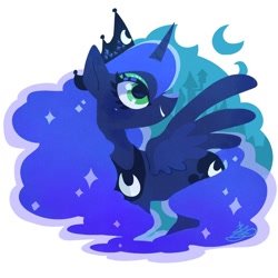 Size: 900x900 | Tagged: safe, artist:sibashen, imported from derpibooru, princess luna, alicorn, pony, crescent moon, crown, cute, female, jewelry, lunabetes, mare, moon, profile, regalia, smiling, solo