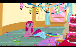 Size: 496x311 | Tagged: safe, imported from derpibooru, screencap, pinkie pie, rainbow dash, earth pony, pegasus, pony, party of one, angry, butt bump, butt smash, cake, confetti, facesitting, female, food, mare, pinkamena diane pie, pinkie pie's house, pinkie's party, rainbowseat, sitting on, sitting on head, sitting on person, sitting on pony