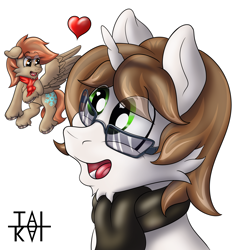 Size: 5000x5259 | Tagged: safe, artist:tai kai, imported from derpibooru, oc, oc:tai, oc:winterlight, pegasus, unicorn, clothes, floating heart, flying, glasses, heart, micro, scarf, simple background, size difference, sticker, tailight, tiny, transparent background