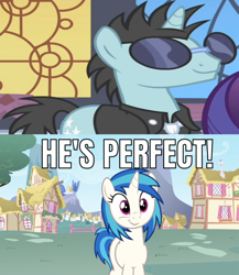 Size: 642x739 | Tagged: safe, edit, edited screencap, imported from derpibooru, screencap, dj pon-3, neon lights, rising star, vinyl scratch, pony, unicorn, sweet and elite, caption, female, image macro, male, mare, meme, shipping, stallion, straight, text, vinylights