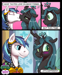 Size: 650x792 | Tagged: safe, artist:empressbridle, imported from derpibooru, queen chrysalis, shining armor, changeling, changeling queen, unicorn, equestria changed, alternate universe, blushing, comic, explicit description, eyes closed, female, kissing, love, male, shining chrysalis, shipping, smiling, stallion, straight, studded leather armor