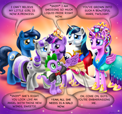 Size: 2466x2311 | Tagged: safe, artist:jac59col, imported from derpibooru, night light, princess cadance, shining armor, spike, twilight sparkle, twilight velvet, alicorn, dragon, pony, unicorn, magical mystery cure, big crown thingy, ceremonial headdress, clothes, comic, coronation dress, crying, dress, element of magic, jewelry, liquid pride, regalia, tears of joy, twilight sparkle (alicorn)