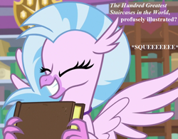 Size: 924x720 | Tagged: safe, edit, edited screencap, imported from derpibooru, screencap, silverstream, what lies beneath, book, cropped, cute, diastreamies, irrational exuberance, library, smiling, squee, talking, that hippogriff sure does love stairs