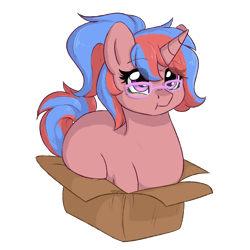 Size: 2000x2000 | Tagged: safe, artist:dreamy, artist:lionbun, artist:littledreamycat, imported from derpibooru, oc, oc only, oc:bree, pony, behaving like a cat, box, chibi, commission, cute, glasses, if i fits i sits, pony in a box, simple background, solo, transparent background, your character here