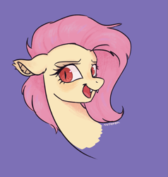 Size: 1197x1260 | Tagged: safe, artist:nodambol, imported from derpibooru, fluttershy, bat pony, pony, bat ponified, bust, female, floppy ears, flutterbat, looking at you, mare, open mouth, portrait, race swap, red eyes, simple background, smiling, solo, three quarter view