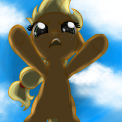 Size: 800x800 | Tagged: safe, artist:nimaru, imported from derpibooru, applejack, earth pony, pony, female, filly, filly applejack, low angle, solo, younger