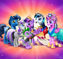 Size: 2466x2311 | Tagged: safe, alternate version, artist:jac59col, imported from derpibooru, night light, princess cadance, shining armor, spike, twilight sparkle, twilight velvet, alicorn, magical mystery cure, big crown thingy, ceremonial headdress, clothes, coronation dress, crying, dress, element of magic, jewelry, liquid pride, regalia, tears of joy, twilight sparkle (alicorn)