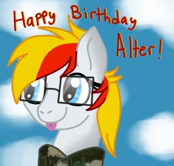 Size: 911x868 | Tagged: safe, artist:php114, deleted from derpibooru, imported from derpibooru, oc, oc only, oc:alter ego, earth pony, :p, bust, camouflage, clothes, earth pony oc, gift art, glasses, happy birthday, hoodie, simple background, simple shading, solo, text, tongue out