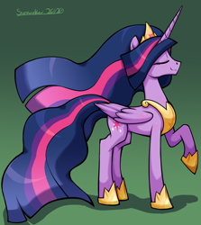 Size: 2656x2976 | Tagged: safe, artist:moonseeker, imported from derpibooru, twilight sparkle, alicorn, pony, the last problem, concave belly, crown, eyes closed, female, grin, high res, hoof shoes, jewelry, mare, older, older twilight, one hoof raised, princess twilight 2.0, raised hoof, regalia, slim, smiling, solo, tall, thin, twilight sparkle (alicorn)