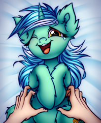 Size: 1888x2300 | Tagged: safe, artist:mite-lime, imported from derpibooru, lyra heartstrings, human, pony, unicorn, belly fluff, crying, cute, disembodied hand, ear fluff, female, hand, hooves to the chest, laughing, leg fluff, lyrabetes, mare, offscreen character, offscreen human, on back, one eye closed, open mouth, tears of laughter, tickling