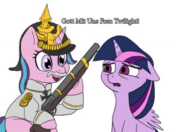 Size: 900x675 | Tagged: safe, artist:slamjam, imported from derpibooru, starlight glimmer, twilight sparkle, alicorn, pony, unicorn, clothes, female, gun, helmet, historical roleplay starlight, iron cross, mare, prussia, rifle, text, twilight sparkle (alicorn), weapon