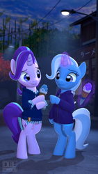 Size: 1080x1920 | Tagged: safe, artist:owlpirate, imported from derpibooru, starlight glimmer, trixie, 3d, bipedal, clothes, duo, female, food, ice cream, jacket, lesbian, magic, night, shipping, smiling, source filmmaker, startrix