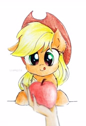 Size: 2322x3371 | Tagged: safe, artist:liaaqila, imported from derpibooru, applejack, earth pony, human, pony, apple, applejack's hat, cowboy hat, cute, food, hat, jackabetes, offscreen character, simple background, solo focus, tongue out, traditional art, white background