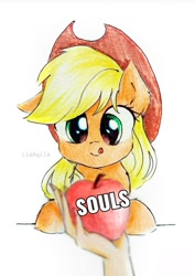 Size: 720x1018 | Tagged: safe, artist:liaaqila, edit, imported from derpibooru, applejack, earth pony, human, pony, apple, cute, female, food, hand, hat, jackabetes, offscreen character, pure unfiltered evil, solo, tongue out, traditional art