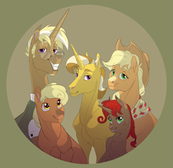 Size: 1359x1323 | Tagged: safe, artist:varwing, imported from derpibooru, applejack, trenderhoof, oc, oc:apple jam, oc:ida red, oc:pacifica rose, earth pony, pony, unicorn, female, filly, male, offspring, parent:applejack, parent:trenderhoof, parents:trenderjack, shipping, stallion, straight, trenderjack