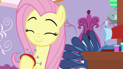 Size: 1920x1080 | Tagged: safe, imported from derpibooru, screencap, fluttershy, pony, dragon dropped, cute, female, pincushion, sewing machine, shyabetes, smiling, solo