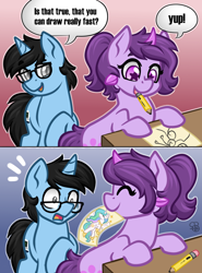 Size: 1020x1380 | Tagged: safe, artist:sabrib, imported from derpibooru, princess celestia, oc, oc only, oc:moonzy, oc:tinker doo, unicorn, comic, dialogue, drawing, girly, glasses, pencil, pencil drawing, surprised, text, traditional art