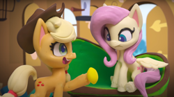 Size: 1672x934 | Tagged: safe, imported from derpibooru, screencap, applejack, fluttershy, earth pony, pegasus, pony, fluttershy's hiccups, my little pony: pony life, my little pony: stop motion short, fluttershy's cottage (interior), food, fruit heresy, g4.5, lemon, stop motion