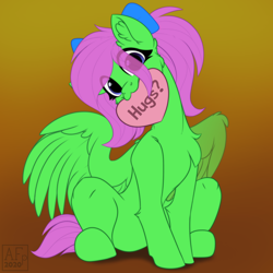 Size: 3500x3500 | Tagged: safe, artist:airfly-pony, imported from derpibooru, part of a set, oc, oc only, oc:zippy sparkz, pegasus, blue eyes, bow, commission, gradient background, green fur, hair bow, head tilt, heart, pegasus oc, pink hair, sitting, wings, ych result