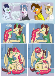 Size: 2480x3508 | Tagged: safe, artist:kozachokzrotom, imported from derpibooru, cheese sandwich, donut joe, fancypants, soarin', oc, oc:king calm merriment, oc:queen motherly morning, alicorn, earth pony, pegasus, pony, unicorn, comic:couple of the crystal empire, alicorn oc, aroused, biting, clothes, comic, commissioner:bigonionbean, cowboy hat, crystal, crystal empire, cutie mark, dialogue, doors, ear bite, excited, female, fusion, fusion:applejack, fusion:cheese sandwich, fusion:donut joe, fusion:fancypants, fusion:king calm merriment, fusion:pinkie pie, fusion:queen motherly morning, fusion:rainbow dash, fusion:soarin', fusion:sunset shimmer, happy, hat, horn, hug, husband and wife, magic, male, palace, romance, royalty, shocked, spanking, surprised, tail slap, thought bubble, tuxedo, winghug, wings, writer:bigonionbean