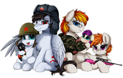 Size: 3720x2369 | Tagged: safe, artist:pridark, imported from derpibooru, oc, oc only, oc:alter ego, oc:artyom, oc:commissar junior, oc:ela, oc:tempest ja, earth pony, pegasus, pony, altenior, baby, baby pony, bb gun, blue eyes, blushing, colt, commission, daughter, digital art, family, female, filly, foal, hammer and sickle, hat, helmet, male, mare, offspring, parent:oc:alter ego, parent:oc:commissar junior, parents:altenior, parents:oc x oc, pegasus oc, plushie, purple eyes, pyro, red eyes, simple background, son, soviet, stallion, team fortress 2, transparent background, ushanka, wings