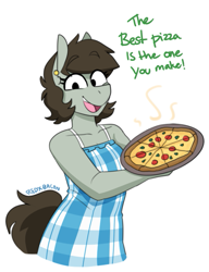 Size: 577x752 | Tagged: safe, artist:redxbacon, imported from derpibooru, oc, oc only, oc:tjane, anthro, earth pony, clothes, dialogue, dress, female, food, housewife, looking at you, mare, meat, pepper, pepperoni, pepperoni pizza, pizza, solo