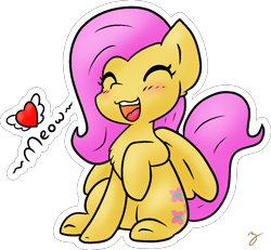 Size: 1095x1013 | Tagged: safe, artist:zutcha, imported from derpibooru, fluttershy, pegasus, pony, behaving like a cat, blushing, chest fluff, cute, female, happy, heart, mare, meow, open mouth, outline, raised hoof, shyabetes, simple background, sitting, smiling, solo, transparent background, white outline, wings