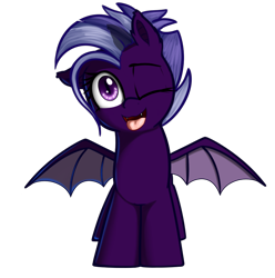 Size: 908x915 | Tagged: safe, artist:neuro, imported from derpibooru, oc, oc only, oc:purity ebonshield, bat pony, pony, fanfic:everyday life with guardsmares, /mlp/, 4chan, everyday life with guardsmares, female, mare, one eye closed, simple background, solo, tongue out, transparent background, wings, wink, winking at you