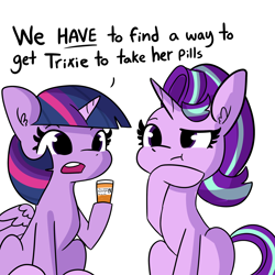 Size: 2250x2250 | Tagged: safe, artist:tjpones, imported from derpibooru, part of a set, starlight glimmer, twilight sparkle, alicorn, pony, unicorn, bottle, dialogue, duo, female, high res, hoof on chin, implied trixie, mare, medicine, simple background, sitting, trixie's pills, twilight sparkle (alicorn), white background