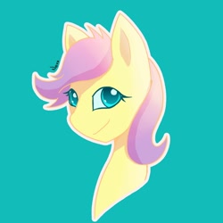 Size: 1280x1280 | Tagged: safe, artist:radioactive nero, imported from derpibooru, fluttershy, pony, alternate hairstyle, alternate universe, bust, cyan background, female, simple background, smiling, solo