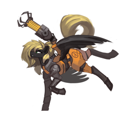 Size: 3000x3000 | Tagged: safe, artist:nsilverdraws, imported from derpibooru, oc, oc only, oc:veen sundown, horse, pegasus, pony, armor, clothes, crossover, female, gravity gun, half-life, half-life 2, hev suit, lambda, mare, piercing, power armor, simple background, solo, suit, sundown clan, technology