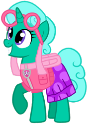 Size: 753x1065 | Tagged: safe, artist:徐詩珮, imported from derpibooru, glitter drops, pony, unicorn, series:sprglitemplight diary, series:sprglitemplight life jacket days, series:springshadowdrops diary, series:springshadowdrops life jacket days, alternate universe, clothes, cute, paw patrol, simple background, skye (paw patrol), transparent background