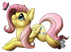 Size: 900x660 | Tagged: safe, artist:chubby-kirin, artist:japandragon, imported from derpibooru, fluttershy, butterfly, pegasus, pony, cute, female, mare, prone, shyabetes, simple background, solo, transparent background