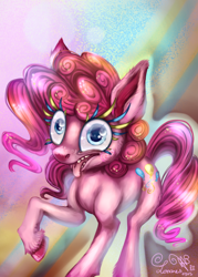 Size: 500x700 | Tagged: safe, alternate version, artist:lonaresghost, imported from derpibooru, pinkie pie, earth pony, pony, female, mare, open mouth, raised hoof, solo, tongue out, unshorn fetlocks