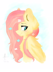 Size: 2066x2755 | Tagged: safe, artist:lumepone, imported from derpibooru, fluttershy, pegasus, pony, blushing, bust, chest fluff, cute, ear fluff, female, flower, flower in hair, high res, mare, profile, shyabetes, solo