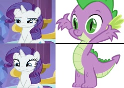 Size: 717x513 | Tagged: safe, edit, imported from derpibooru, rarity, spike, dragon dropped, exploitable meme, female, male, meme, shipping, sparity, straight, wrong aspect ratio