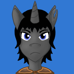 Size: 500x500 | Tagged: safe, artist:lyndrewsomethin, imported from derpibooru, oc, oc only, oc:onyx deadshot, pony, unicorn, black hair, blue eyes, solo