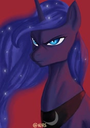 Size: 1280x1819 | Tagged: safe, artist:nire, imported from derpibooru, nightmare moon, princess luna, pony, digital painting, ethereal mane, female, frown, red background, signature, simple background, slit eyes, slit pupils, solo, starry mane, windswept mane