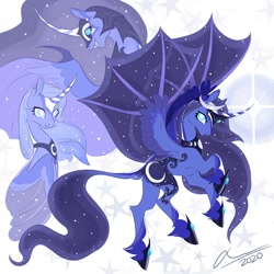 Size: 2000x2000 | Tagged: safe, artist:creeate97, imported from derpibooru, nightmare moon, princess luna, alicorn, bat pony, bat pony alicorn, pony, alternate design, bat wings, curved horn, ethereal mane, female, hoof shoes, horn, hybrid wings, jewelry, mare, regalia, s1 luna, solo, starry mane, unshorn fetlocks, wings