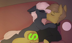 Size: 11811x7086 | Tagged: safe, artist:almond evergrow, imported from derpibooru, oc, oc:almond evergrow, oc:siren shadowstone, earth pony, pony, couch, couple, intimate, kissing, lighting, making out, sirond