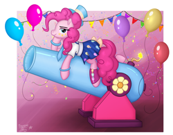 Size: 2091x1635 | Tagged: safe, artist:serenepony, imported from derpibooru, pinkie pie, earth pony, pony, balloon, clothes, confetti, digital art, female, hat, looking at you, lying down, mare, party cannon, simple background, skirt, solo