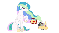 Size: 3264x1836 | Tagged: safe, artist:koldkilla, imported from derpibooru, princess celestia, oc, oc:bandit, changeling, changeling oc, crown, double colored changeling, jewelry, missing cutie mark, momlestia, newbie artist training grounds, paper crown, ponytail, red changeling, regalia, simple background, white background