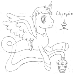 Size: 1081x1080 | Tagged: safe, artist:parclytaxel, imported from derpibooru, oc, oc only, oc:clepsydra, alicorn, genie, genie pony, pony, series:nightliner, alicorn oc, bottle, bracelet, cutie mark, horn, jewelry, lineart, male, monochrome, necklace, pencil drawing, pointing, solo, spread wings, stallion, traditional art, waistband, wings
