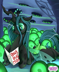 Size: 650x792 | Tagged: safe, artist:empressbridle, imported from derpibooru, queen chrysalis, changeling, changeling queen, pony, card, changeling egg, changeling hive, crown, cute, cutealis, dock, egg, female, jewelry, mommy chrissy, mother's day, prone, regalia, smiling, solo, sweet dreams fuel
