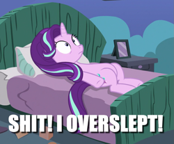 Size: 945x784 | Tagged: safe, edit, edited screencap, imported from derpibooru, screencap, starlight glimmer, every little thing she does, bed, caption, cropped, exploitable meme, image macro, meme, starlight bedridden, text, vulgar