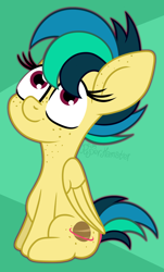 Size: 1260x2093 | Tagged: safe, artist:puperhamster, imported from derpibooru, oc, oc only, oc:apogee, pegasus, pony, body freckles, ear freckles, female, filly, freckles, simple background, sitting, solo