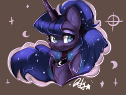 Size: 1600x1200 | Tagged: safe, artist:colorfulcolor233, artist:oofycolorful, imported from derpibooru, princess luna, alicorn, pony, brown background, bust, chest fluff, crescent moon, cute, ear fluff, female, lunabetes, mare, moon, simple background, solo, starry eyes, wingding eyes