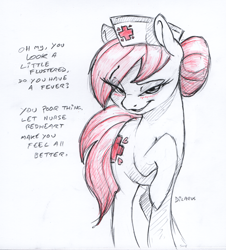 Size: 1872x2071 | Tagged: safe, artist:dilarus, deleted from derpibooru, imported from derpibooru, nurse redheart, earth pony, pony, bedroom eyes, blushing, dialogue, female, flirting, hat, mare, nurse hat, raised hoof, simple background, solo, traditional art, white background