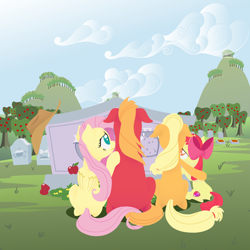 Size: 2880x2880 | Tagged: safe, anonymous artist, imported from derpibooru, apple bloom, applejack, big macintosh, fluttershy, earth pony, pegasus, pony, series:fm holidays, apple, apple siblings, apple sisters, applejack's hat, brother and sister, cowboy hat, crying, facing away, female, filly, fluttermac, food, gravestone, graveyard, hat, hoof on shoulder, implied bright mac, implied pear butter, intertwined tails, lineless, male, mare, missing accessory, mother's day, no pupils, shipping, siblings, sisters, stallion, straight, sweet apple acres, tail