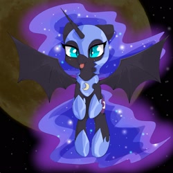 Size: 2048x2048 | Tagged: safe, artist:zokkili, imported from derpibooru, nightmare moon, alicorn, pony, :p, bat wings, cute, female, flying, full moon, high res, mare, moon, moonabetes, nicemare moon, slit eyes, slit pupils, solo, spread wings, tongue out, wings